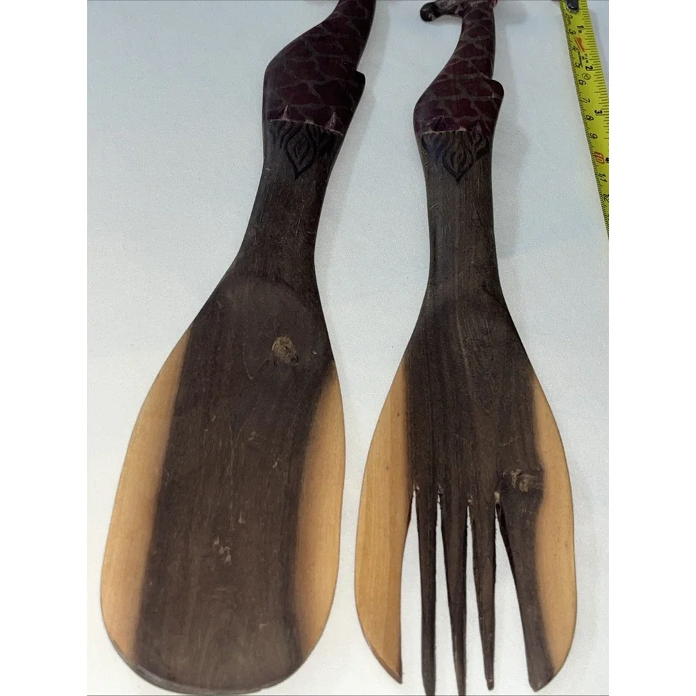 Vintage Wooden Handmade Giraffe Salad Tossing Fork & Spoon Works Great Clean Woo